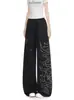 Pantalones de Chándal Anchos Casuales para Mujer con Letras de Pedrería Estilo Retro Americano Color Sólido Simple Holgados Adelgazantes Versátiles de Pierna Ancha