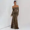 Comercio Exterior Moda Femenina Europea y Americana Elegante Encaje Patchwork Hombros Descubiertos Abertura Manga Larga Fruncido Vestido Largo