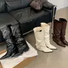 Botas femininas de bico fino, plissadas, com salto grosso, design único, fivela de cinto, cano alto, over-the-knee, botas longas sexy