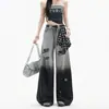 Jeans Wide-Leg Rasgado Gradiente Preto e Cinza High Street para Garotas Estilosas Emagrecedores Calças Retas Soltas de Xadrez Americano Cintura Alta