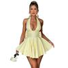 Vestido de estilo europeo y americano con cuello bajo, sin mangas, sexy, con encaje jacquard, lazo y volantes, estilo damas.