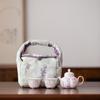 Juego de té de kung fu de cerámica portátil de viaje con tapa, cuenco, dos tazas, pintado a mano, color rosa bajo cubierta, bolsa de almacenamiento para taza de té