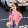 Camisa da Moda para Meninas de Primavera e Outono, Estilo Coreano Fofo e Moderno, Xadrez Desenho Animado, Manga Longa 100% Algodão para Crianças