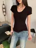 26 Chegada Nova de Verão Estilo Coreano Gola U Suave Emagrecedor Casual Manga Curta Camiseta para Mulheres Puro Desejo Único Lindo Top Francês