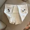 Foto real de saia-calça curta de algodão lavado elástico de cintura baixa, de trabalho pesado, bronze antigo, de abotoamento duplo, para mulheres, outono de 2026