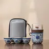 Conjunto de Chá de Viagem de Cabacinha Azul e Branco Portátil para Uma Pessoa Três Xícaras Xícara Rápida ao Ar Livre Chaleira de Cerâmica Kung Fu Elegante