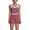 Conjunto de yoga a rayas de colorblock estilo europeo y americano, top sin mangas acanalado deportivo, shorts con espalda bonita, ropa de fitness, conjunto para correr y entrenar para mujer