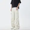 Pantalones de trabajo ABFR color blanquecino, pantalones rectos plisados de verano estilo retro americano, pantalones cargo funcionales de corte limpio para hombre
