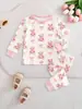 Conjunto de Pijama para Bebé Primavera y Otoño 2026 Amigable con la Piel y Cálido Estampado de Oso de Dibujos Animados con Lazo + Pantalones Largos Cómodos