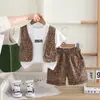 Verano Nuevo de Moda para Niños Chaleco con Estampado de Leopardo y Bolsillo Doble Conjunto de Manga Corta Estilo Coreano Ropa Exterior Conjunto de Manga Corta