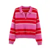 Superventas europeo y americano transfronterizo de AliExpress: Camisa de punto casual de moda europea y americana con cuello polo a rayas y manga larga
