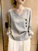 Top de encaje francés para mujer, nueva colección otoño 2026, diseño abotonado, efecto adelgazante, moderno y versátil, camisa gris única