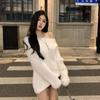 Suéter Blanco Imitación Mink para Mujer Otoño Hombro Descubierto Clavícula Suelto Perezoso Jersey Superior