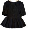 Camisa Feminina de Verão com Senso de Design, Linha A, Cintura Apertada, Chiffon, Manga Curta, para Meninas Plus Size, Cobrindo a Barriga, Slim, Top Preto