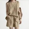 2025 Sudeste Asiático Exportación Verano Nuevo Chaleco sin Mangas Shorts Color Puro Conjunto de Dos Piezas para Mujer Traje Transfronterizo de Algodón y Lino para Mujer