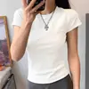 Camiseta Blanca de Algodón Puro para Mujer de Manga Corta Ajustada Adelgazante Verano Corta Color Sólido Camiseta Base Ajustada Elegante Top Interior