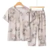 Conjunto de atuendo de verano para abuela, cárdigan estampado para mujer mayor, top de manga corta y pantalones, ropa de madre, conjunto de dos piezas de algodón y seda transpirable