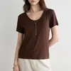 Camiseta feminina de lã Tencel de manga curta com ombros normais, decote em forma de ovo, hipoalergênica, macia, elástica, respirável, top de acetato, estilo fino de verão