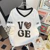 Camiseta de Manga Curta Estilo Jersey Retrô Americano Feminina Verão Estampa de Leopardo Contrastante Decote V Modelador Secagem Rápida Solta Casual