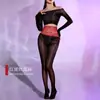 Medias de Rejilla con Peonías en la Cintura 360 Sin Costuras 5D Brillantes Sexy Negras con Abertura en la Entrepierna para Mujeres