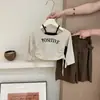 NingliStreet Style Expert! Roupa de Outono Inicial para Meninas: Conjunto Infantil Tendência: Camiseta com Gola Halter e Calça Casual Falso Duas Peças