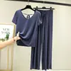 Nuevo modelo de verano modal con cuello en V, espalda bonita, manga corta, pijama con pantalones de pierna ancha, talla grande, corte holgado, se puede usar fuera, conjunto de ropa para el hogar