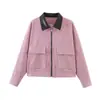 Comercio Exterior Transfronterizo Ropa de Mujer Estilo Europeo y Americano Za Aliexpress Venta Caliente Cuello Alto Patchwork Cuello de Cuero Chaqueta Corta de Pana