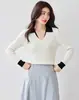 Estilo Preguiçoso Cor Contrastante Manga Longa Tricô Top Feminino 2026 Outono Novo Design Sense Solto Falso Duas Peças Top