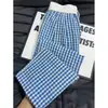 Calça de gaze com bolhas xadrez preto e branco cleanfit para homens e mulheres, cintura emendada de verão, estilo bf preguiçoso, calça reta de perna larga
