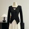 Design Retro de Gola V Estilo Francês, Gola Halter, Suéter de Tricô de Manga Longa para Mulheres, Top Slimming Slim-Fit Outono e Inverno, Camada Base