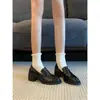 Primeiro Encontro Temporada Sapatos Mocassins Redondos Retrô Salto Alto Femininos Couro Estilo Britânico Salto Bloco Slip-on Sapatos Femininos
