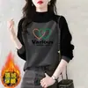Moletom de Veludo Dupla Face com Retalhos de Manga Longa e Gola Alta Meia-Boca Novo para Outono e Inverno Top Feminino Quente e que Reduz a Idade, Solto e Fashion
