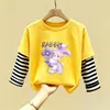 Nova Camiseta de Algodão Puro Patchwork com Gola Redonda e Manga Longa para Crianças, Estilo Fino, Primavera e Outono 2026, Meninas, Desenho Animado, Top Versátil