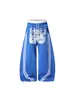 Calça moletom casual retrô americana com grafite, lateral de três listras, desfiada, para homens e mulheres, perna larga solta para primavera e outono