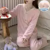 Pijama Derong Estilo Mujer con Almohadilla en el Pecho Otoño e Invierno Estilo Coreano Dulce Estilo Ins Engrosado Cálido de Manga Larga Conjunto de Ropa para el Hogar