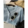 Cardigan de Tricô Exquisito com Recortes em V, Estilo Francês para o Dia a Dia, em Tencel e Linho, Top Fino de Manga Curta Slim Fit para Mulheres, Novo para o Verão