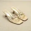 Sandalias de Tacón Cuadrado Stiletto 2025, Impresionantes Tacones Altos Estilo Francés, Sandalias Doradas Romanas de Tira Fina Estilo Verano Resort para Mujer