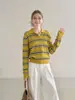 Suéter de punto a rayas estilo retro francés con cuello polo de manga larga para mujer, suéter casual ajustado extremadamente elegante para el nuevo otoño