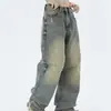 Jeans de Hombre Color Amarillo Arcilla Retro Pierna Ancha Persona Baja Primavera Verano Nuevos Cintura Alta Rectos Holgados Adelgazantes Pantalones Largos