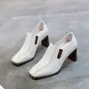 Tacones Altos para Mujer 2025 Nuevos Zapatos Pequeños de Cuero Otoño e Invierno para Mujer Estilo Británico Tacón Grueso Punta Cuadrada Boca Profunda Mocasines Planos para Mujer Modernos