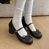 Super Bonito ~ Sapatos Mary Jane de Pele de Ovelha com Laço Estilo Fada Francesa Primavera 2025 Salto Médio Grosso Bico Redondo Couro Genuíno Sapatos Individuais