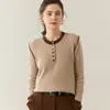 Nuevo Suéter de Cachemira Pura para Mujer Otoño e Invierno con Cuello Redondo Grueso, Mangas de Color Contrastante, Medio Botones, Canalé, Tejido Cálido