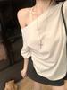 Playera de Manga Corta con Escote Asimétrico de Diseño Nicho de Estilo Perezoso para Mujer, Primavera Suelta y Relajada, Hermosa y Atractiva Blusa con Hombro Descubierto