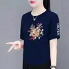 Excedente de comércio exterior transfronteiriço, roupas de marca com etiquetas cortadas, camiseta de manga curta estilo chinês vintage para mulheres, camisa base de estilo chinês novo de caimento solto