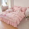 Saia de Cama de Algodão Lavável Estilo Princesa Renda Conjunto de Quatro Peças Capa de Colchão de Solteiro Colcha Saia de Cama Conjunto de Três Peças