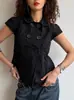 Camisa Curta de Manga Curta com Botões Duplos Estilo Retrô Americano para Mulheres, Top Preto Curto com Bolsos para Afinar a Cintura, para Meninas Modernas