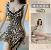 Yue Die Lencería Sexy Estampado de Leopardo Camisola Bata de Noche Tentación Apasionada Conjunto de Encaje Ropa para Mujer