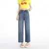 26 Calças Baguete Largas Soltas Femininas Cintura Alta Brancas Perna Reta Petite Jeans Calças de Vovó Cropped Brancas Oito-Décimos