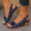 Sandálias de Salto Alto Florais Plus Size Transfronteiriças de Comércio Exterior Europeu e Americano Femininas Outono 2026 Novas Sandálias Elegantes Casuais de Salto Grosso Femininas