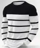 Camiseta Estampada para Hombre Otoño/Invierno Nueva Ajustada Moda Cálida Rayas Cuello Redondo Manga Larga Calle Casual Versátil